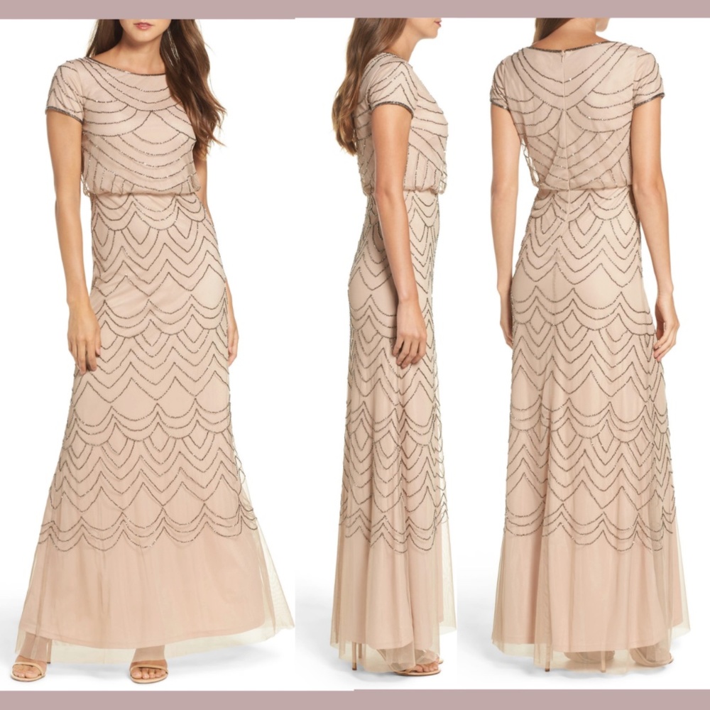NWT Adrianna Papell‎ [SZ 8 ] Beaded Blouson Gown in Taupe Pink